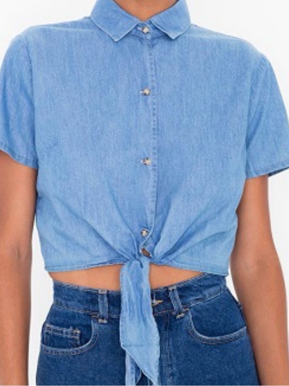 American Apparel denim button up tee shirt bow tie crop top chambray small